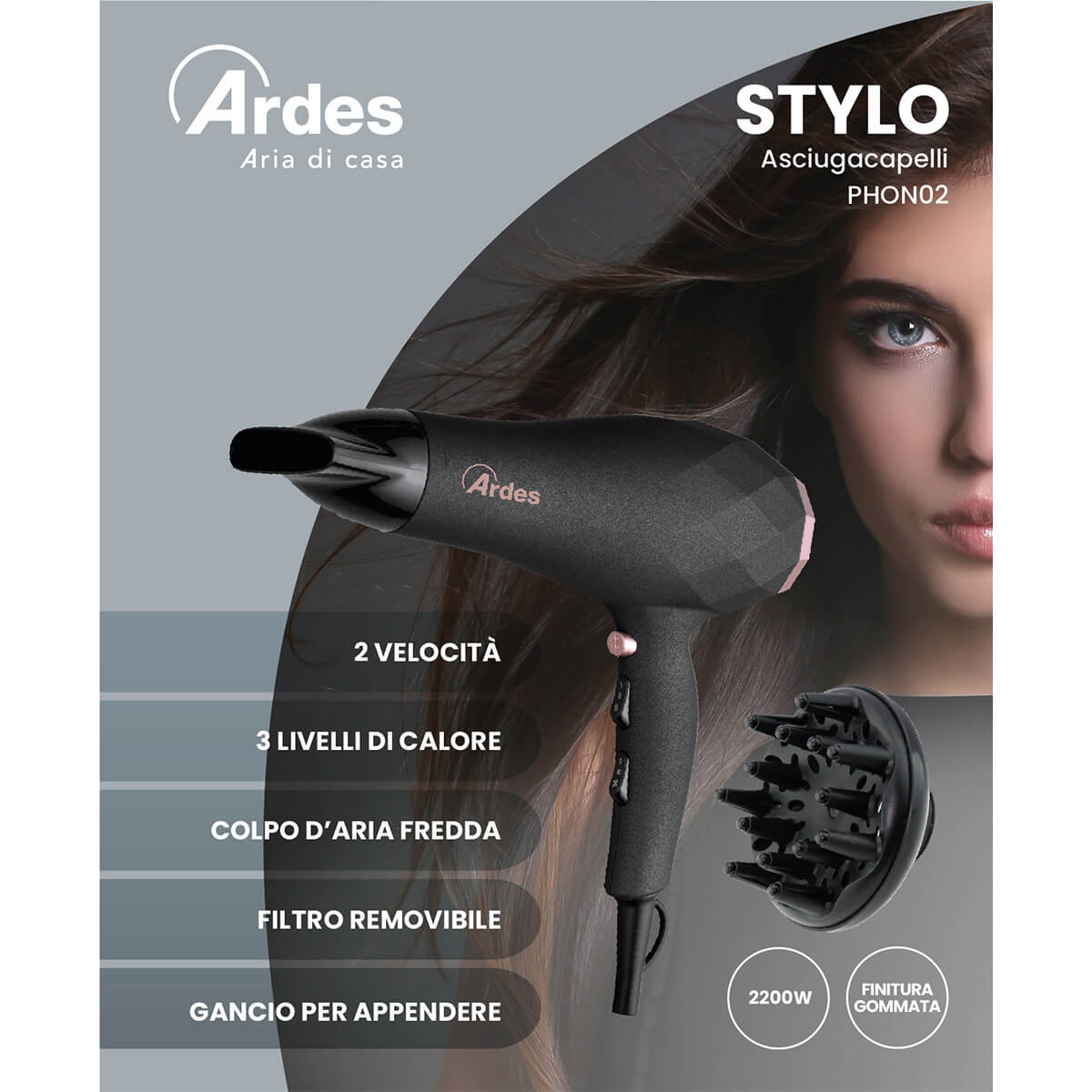 ARDES | ARM355D Phon Per Capelli STYLO PRO - Asciugacapelli Professionale  con Motore AC - Phon 2 Accessori Diffusore e Concentratore Aria - Phon